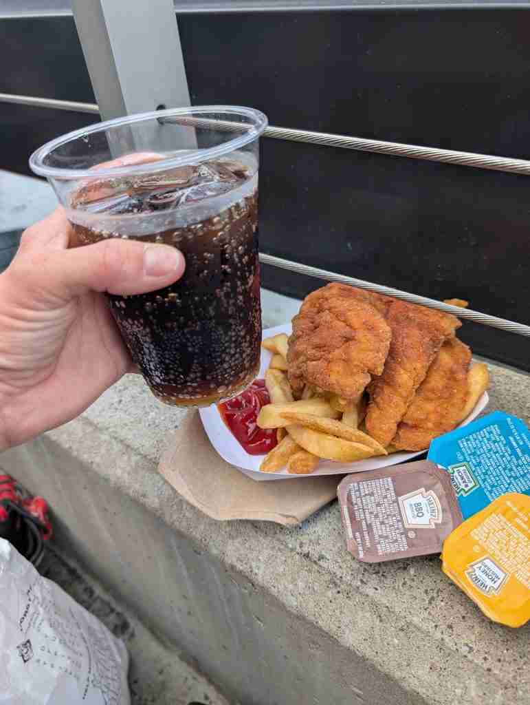 arget Field food chicken strip basket with fries, Cherry Pepsi and dipping sauces