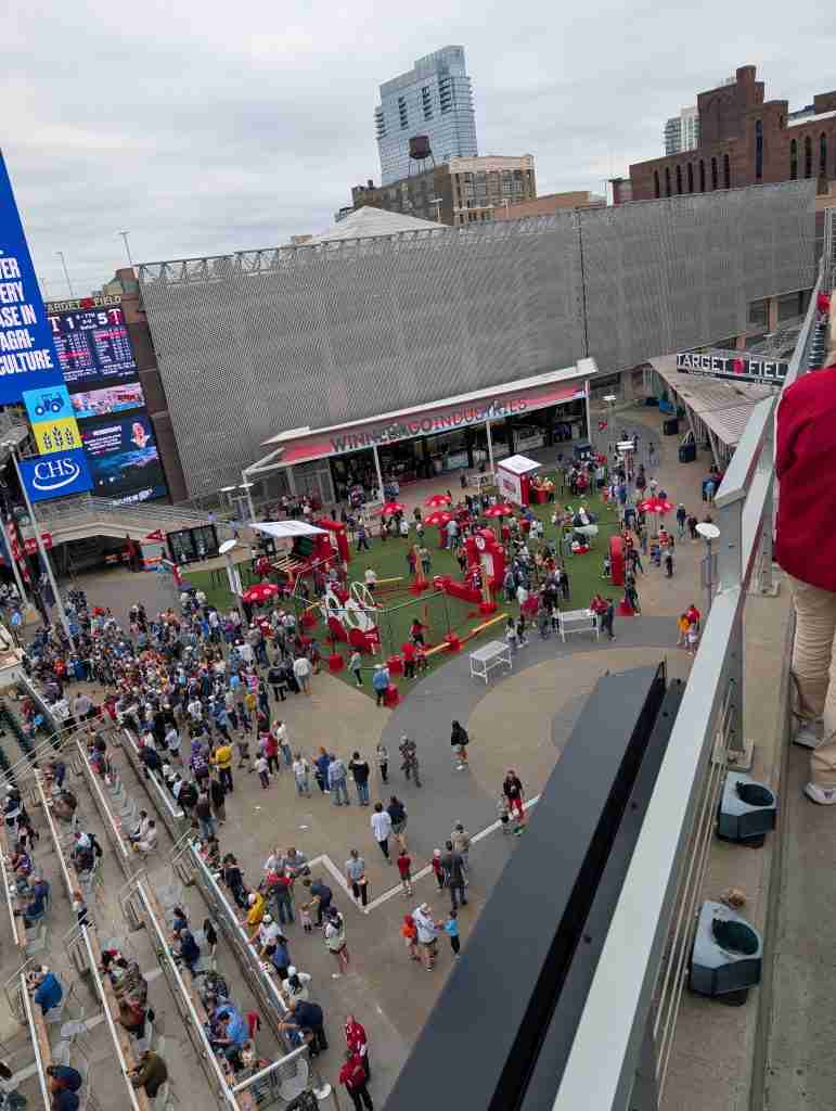 Crowds of families at Bullseye's Backyard kids area at Target Field on Kids Day