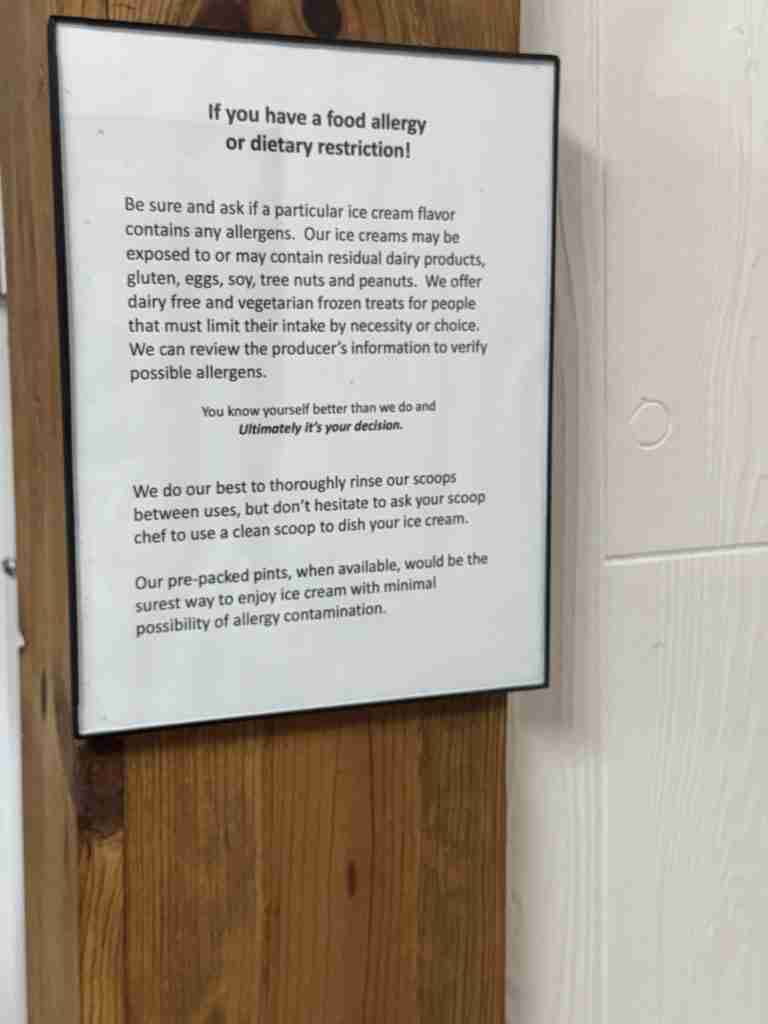 Big River Scoop sign for customers with a food allergy or dietary restriction